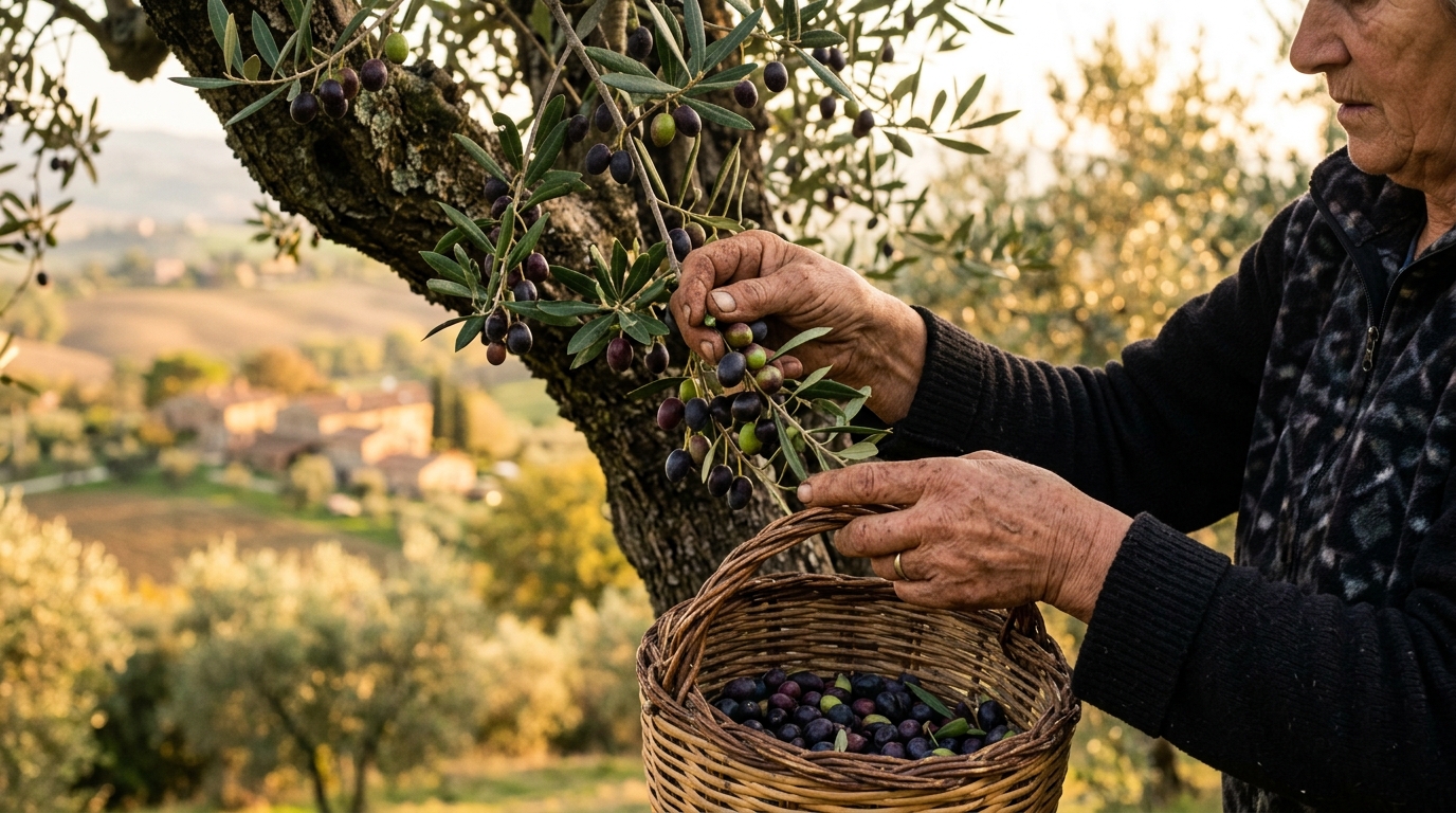 Raccolta a mano delle olive Moraiolo in Umbria