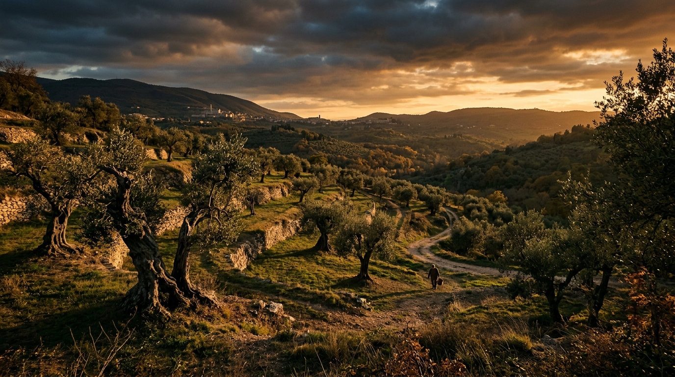 Oliveti umbri al tramonto